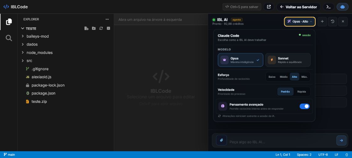 IBLCode aberto no painel da IBL com o seletor real de modelo, esforço, velocidade e pensamento avançado da IBL AI.