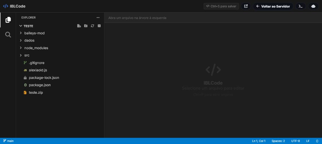 Tela real do IBLCode com explorador de arquivos e área de edição conectada ao servidor.