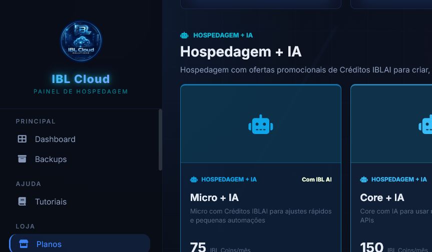 Tela real da loja IBL Cloud mostrando a categoria Hospedagem mais IBL AI e os planos disponíveis.